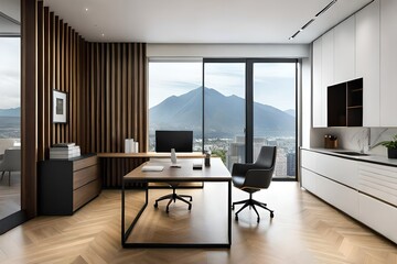 Naklejka na ściany i meble Modern home office interior with windows built in wooden shelves and laptop placed on desk