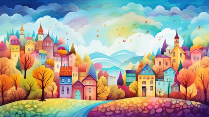 watercolor painting style illustration of beautiful cityscape in autumn time, Generative Ai