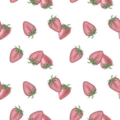 Seamless pattern with pink strawberries in a whole form and in a section on a white background. Watercolor illustration. Suitable for packaging design, household and kitchen items, postcards, textiles