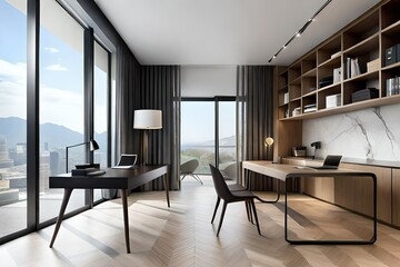 Naklejka na ściany i meble Modern home office interior with windows built in wooden shelves and laptop placed on desk