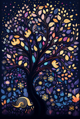 Abstract drawing of a dark tree in the middle, with blue, yellow and pink leaves on a black background, generative ai