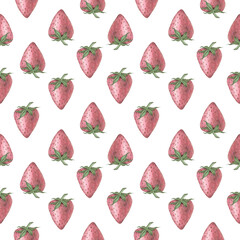 Seamless pattern with pink strawberries in a whole form and in a section on a white background. Watercolor illustration. Suitable for packaging design, household and kitchen items, postcards, textiles