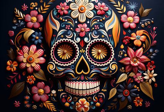Skull in Flowers, Card for Mexican Celebration Cinco de Mayo. Day of the Dead in Mexico. AI