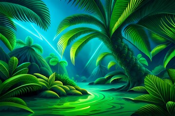 Fototapeta na wymiar Tropical Plants Illuminated with Green and Blue Fluorescent Light. Rainforest Environment with Diamond shaped Neon Frame