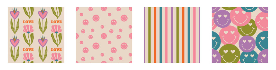 Aesthetic Retro Romantic printable groovy hearts seamless pattern. Decorative Hippie Naive 60's, 70's style Vintage modern background in minimalist style for fabric, wallpaper or wrappin