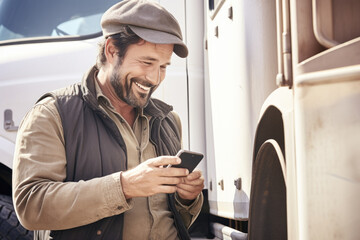 Portrait of a happy smiling truck driver standing by the truck and using his phone. 