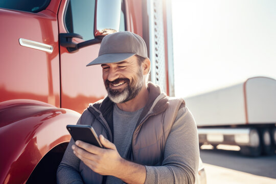 Portrait of a happy smiling truck driver standing by the truck and using his phone. 