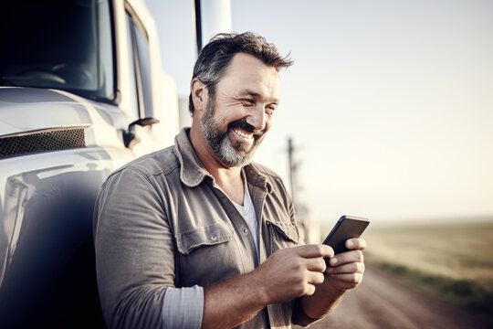 Portrait of a happy smiling truck driver standing by the truck and using his phone.