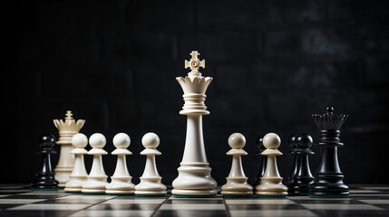 Standing white chess pieces and lying black king on black background