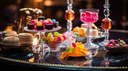 Fototapeta na wymiar Delicious sweets served on a table of luxurious interior
