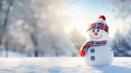 Fototapeta premium snowman wearing a hat with trees in background. on snowy scenery in the winter christmas season