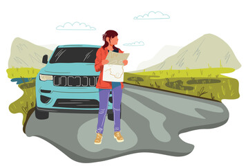 Auto travel. Cute girl on a trip by car. Girl is looking at the map. Flat Vector Illustration