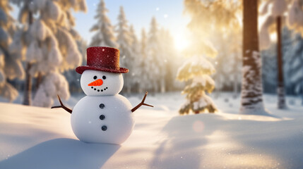 Obraz premium snowman wearing a hat with trees in background. on snowy scenery in the winter christmas season