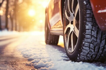 Fototapeta na wymiar Winter snowy car tires in the snowing winter season on wet road. Generative Ai.