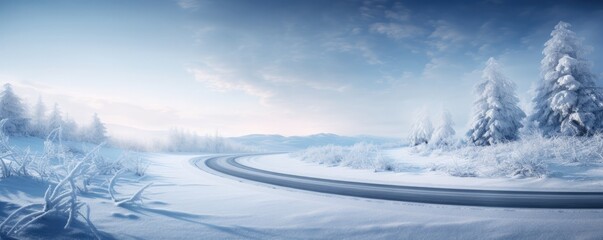 Winter snowy wet road in the snowing winter season, banner panorama. Generative Ai.