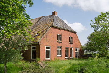 An abandoned and dilapidated farm house with red bricks and broken glass on a neglected terrain with tall grass. Concept of rural depopulation. - obrazy, fototapety, plakaty