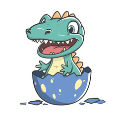 Little cute happy dino in egg. Kid dinosaur. Illustration on transparent background