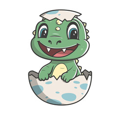 Little cute happy dino in egg. Kid dinosaur. Illustration on transparent background