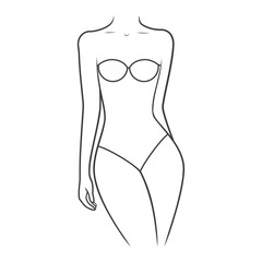 Swimwear on a woman's body. Outline one-piece strapless swimsuit. Illustration on transparent background