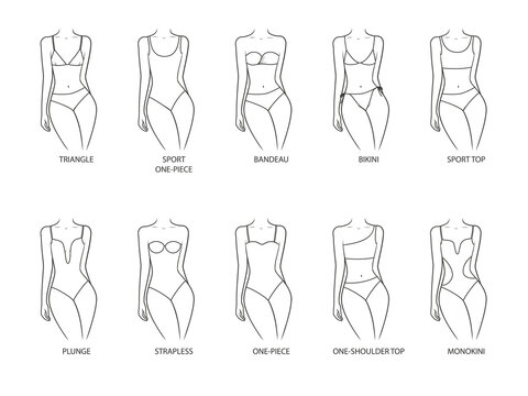 Collection of swimwears on a woman's body. Outline swimsuits. Illustration on transparent background