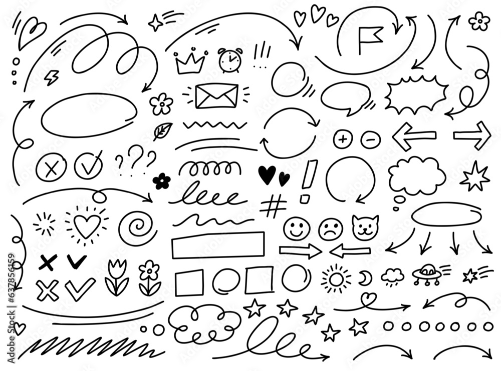 Wall mural vector hand drawn desing elements set. thin arrows and simple line drawings collection isolated on w