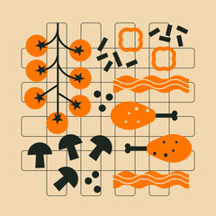 Grill barbecue illustration. Top view of bbq grill, grilled meat, vegetables, mushrooms. Simple, geometric, modern style. Barbecue, grill, picnic and food concept.