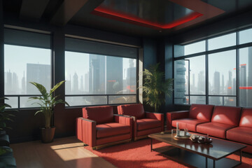 Interior living room design red colors with plants, generative AI