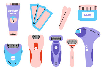 Set of depilation equipment for hair removal. Tool devices for various epilation method. Wax, razor, depilator, hair removal cream, electric shaver isolated on white background.  - obrazy, fototapety, plakaty