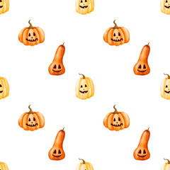 Happy halloween pattern with pumpkin with scary face. Autumn design. Digital watercolor illustration