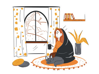 Women resting relaxing at home. Window with autumn leaves. Resting at home. Flat Vector Illustration