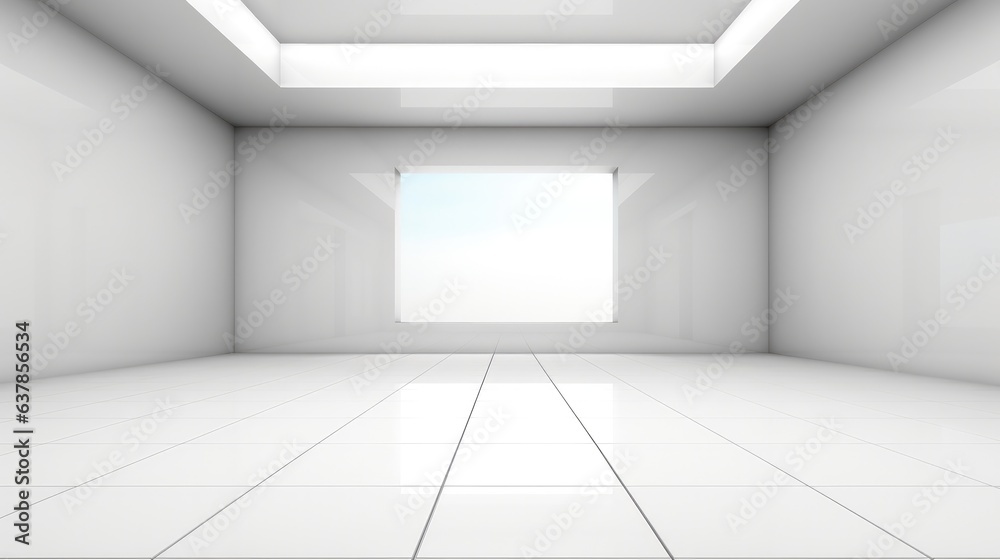 Poster 3d rendering of white empty space in room, Ceramic tile floor in perspective, window and ceiling strip light.