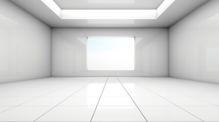 3d rendering of white empty space in room, Ceramic tile floor in perspective, window and ceiling strip light.