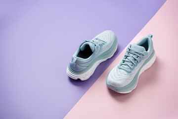 New light blue green female modern running shoe on pink purple and white geometrical background. Stylish monochrome shoes for active people that incorporate new health technology. Top view