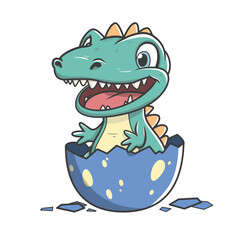 Little cute happy dino in egg. Kid dinosaur. Vector illustration isolated on a white background