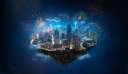 Poster Fantasy island floating in the air with modern city skyline and lake garden, Night scene with firework celebration. © jamesteohart