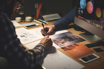A designer is drawing a website design on a scrap of paper.