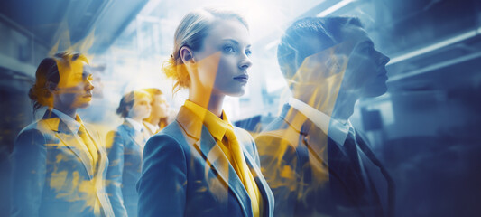 Multiple exposure concept of businessmen and businesswomen in a co-working place or an office. Blue...