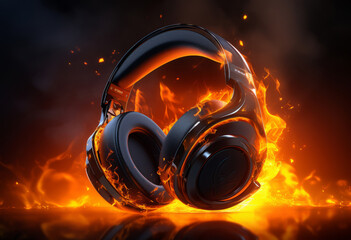 a pair of headphones with flames on the back, in the style of vray tracing, skillful lighting.