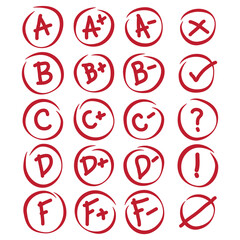 Grade result school, Grade results. Hand drawn vector set of grades with minuses and pluses in circle frame. Red notes: plus, minus, tick, cross, Assessment results. Hand drawn school or college exam.