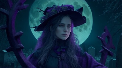 witch in graveyard , halloween night 