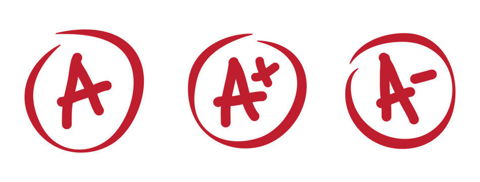Grade A results. Hand drawn vector set of grades with minuses and pluses in circle frame. Red notes: A, A plus, and A minus, School red mark handwriting in circle, Grade results set. 