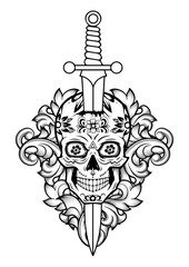 Skull Tattoo with knife black and white design