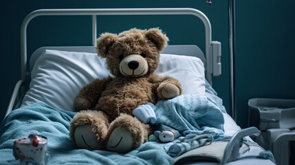 Teddy bear sick in the hospital - obrazy, fototapety, plakaty