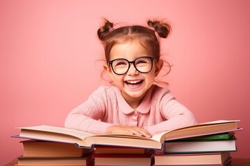 portrait of a happy child little girl with glasses sitting on a stack of books and reading a books,...