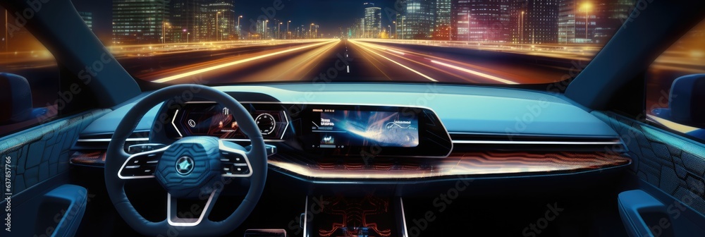 Poster autonomous futuristic car dashboard with hologram screens, futuristic autonomous vehicle.