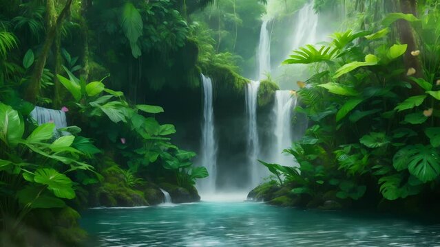 fantasy waterfall in the tropical jungle video animation,   Cartoon or anime watercolor painting illustration style. seamless looping 4K time-lapse virtual video animation background