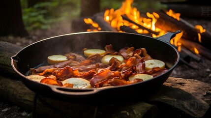 Camping breakfast with bacon and eggs in a cast iron skillet. Fried eggs with bacon in a pan in the forest.