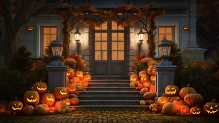Halloween pumpkins and decorations outside a house. Night view of a house with halloween decoration