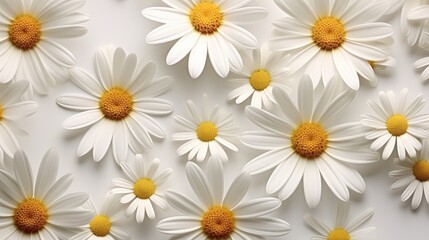 Bright chamomile daisy flower bud and stems pattern on white background. Top view.