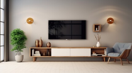 Cabinet for tv and for placing things in living room at fashionable house.